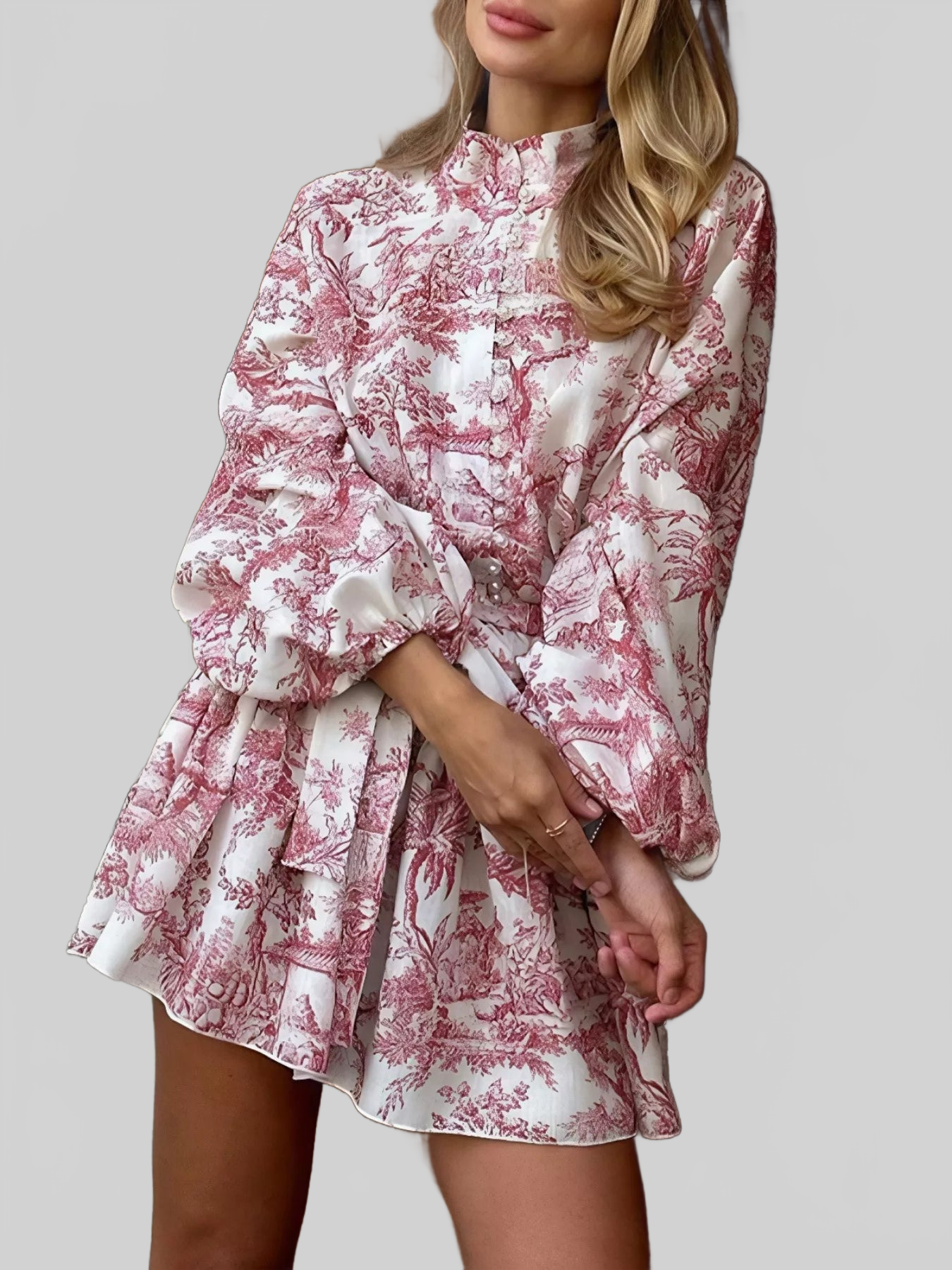Women Printed Balloon Sleeve Tie Waist Dress nicholesgifts