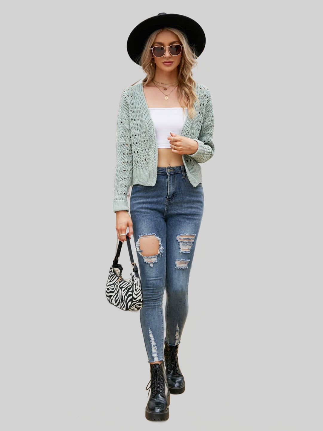Open Front Cuffed Cropped Cardigan nicholesgifts