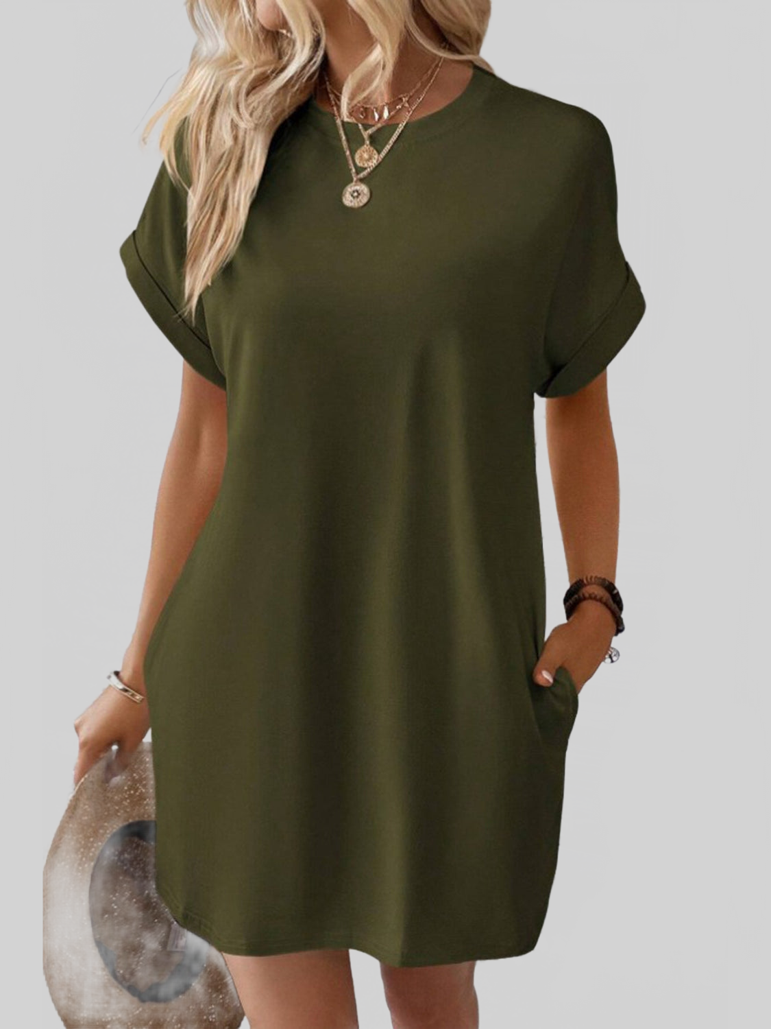 Women Pocketed Round Neck Short Sleeve Dress NicholesGifts