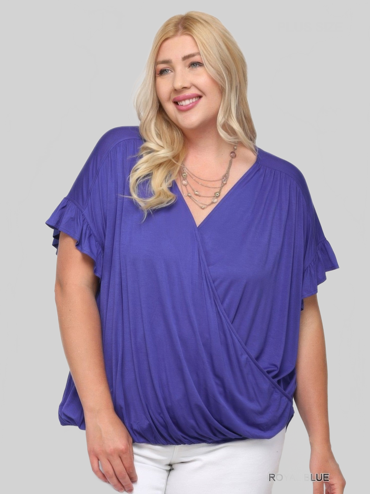 Plus Size Women Solid Purple Knit Surplice Top With Ruffle Sleeve NicholesGifts