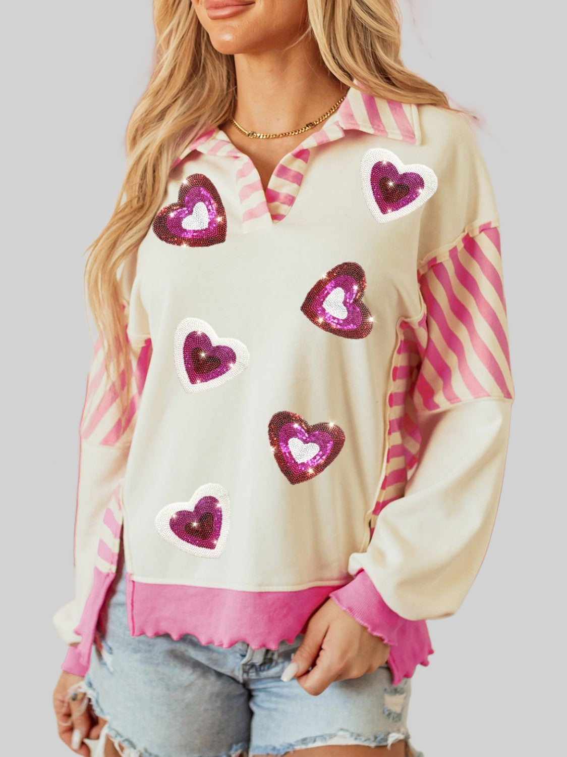 Women Valentine’s Day Sequin Heart Pattern Long Sleeve Sweatshirt NicholesGifts