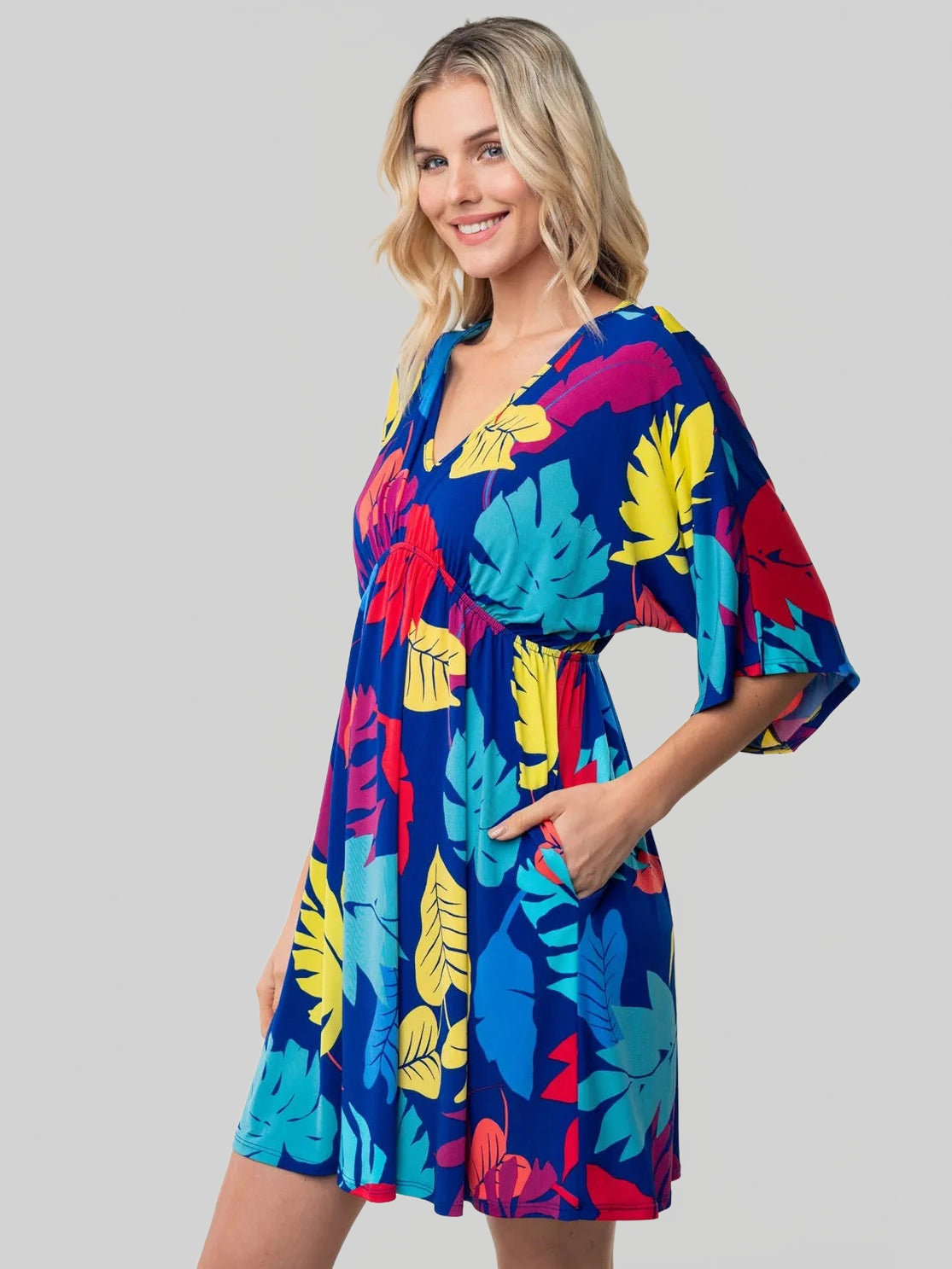 White Birch Full Size Printed V-Neck Mini Dress nicholesgifts