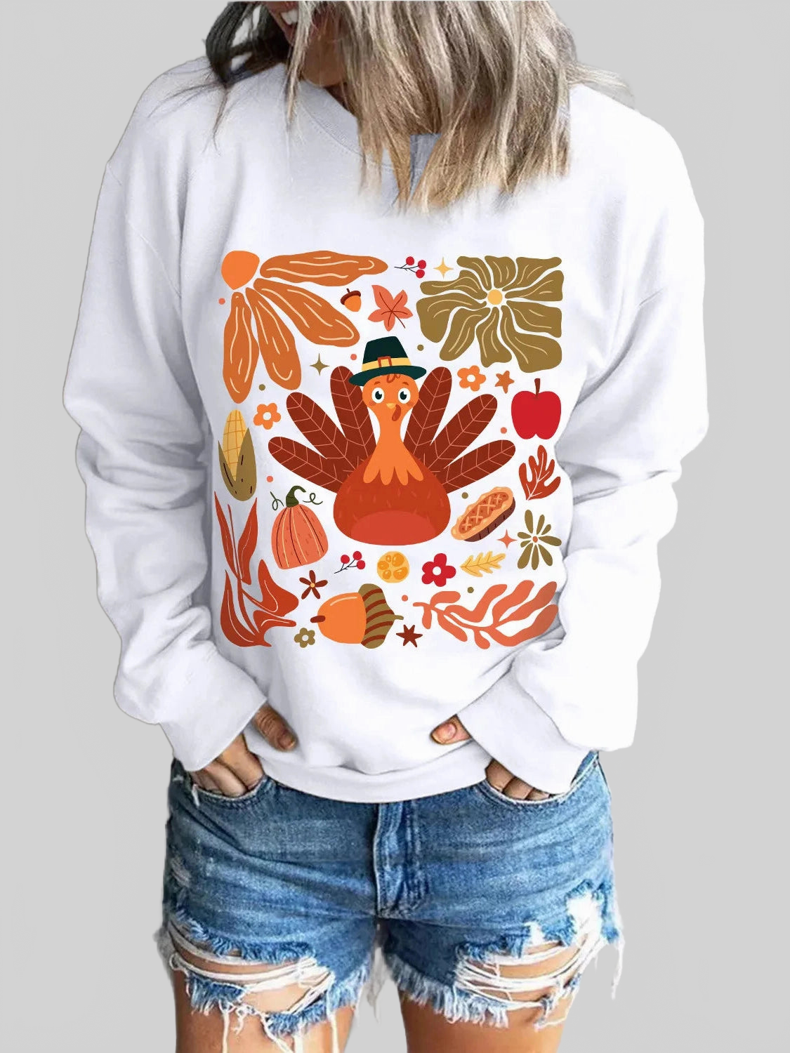 Women Turkey Graphic Round Neck Long Sleeve Thanksgiving Sweatshirt nicholesgifts