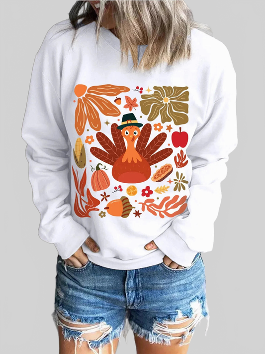 Women Turkey Graphic Round Neck Long Sleeve Thanksgiving Sweatshirt nicholesgifts