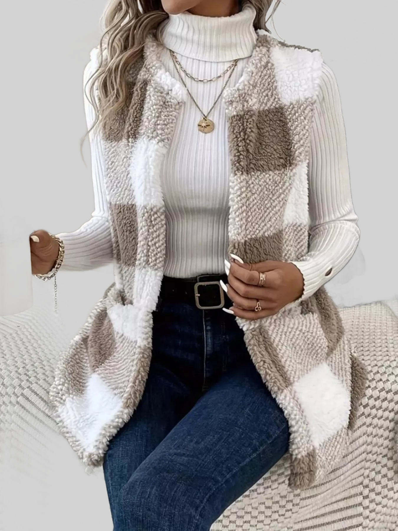 Women Cozy Plaid Sherpa Vest Coat nicholesgifts