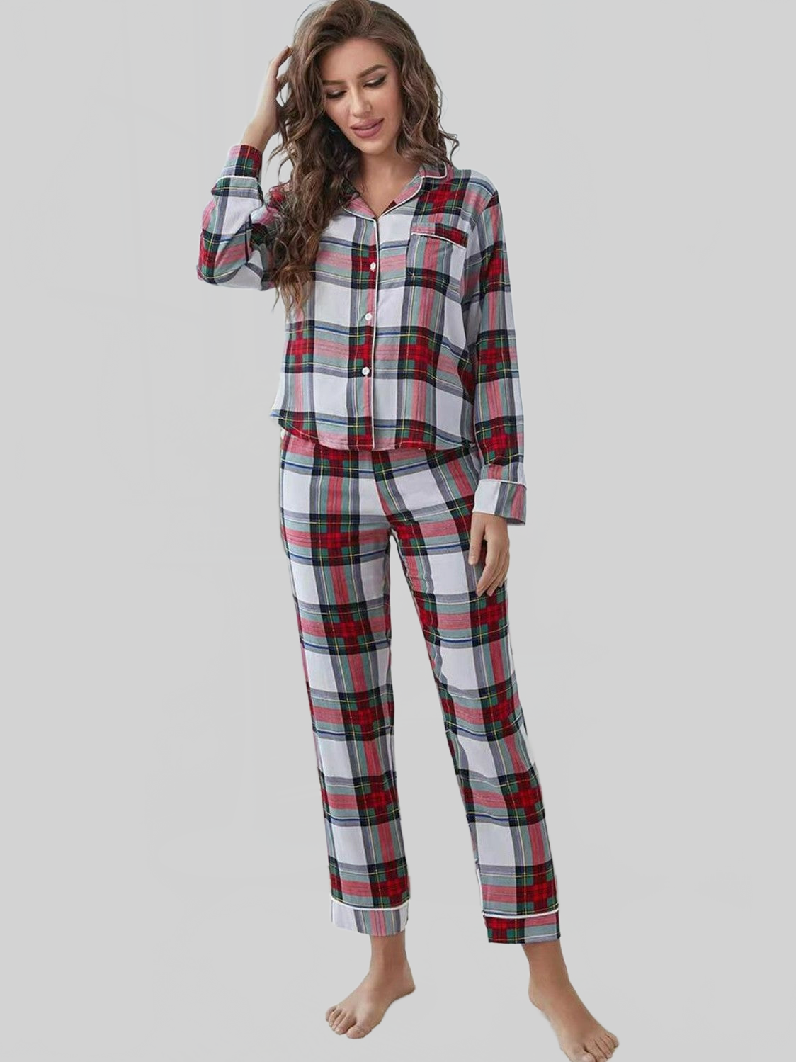 Plaid Button Front Top and Pants Lounge Set nicholesgifts