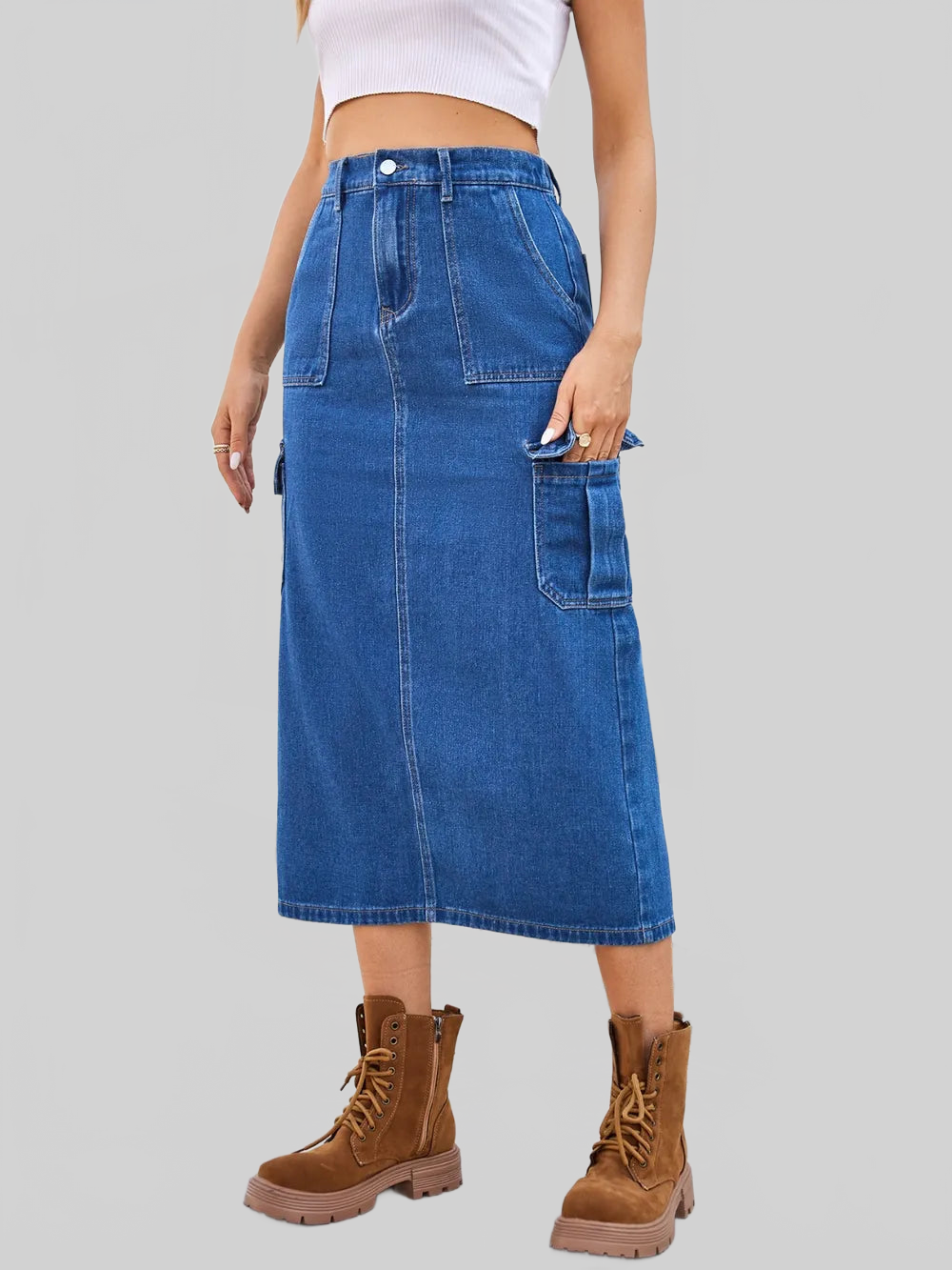 Slit Midi Denim Skirt with Pockets nicholesgifts