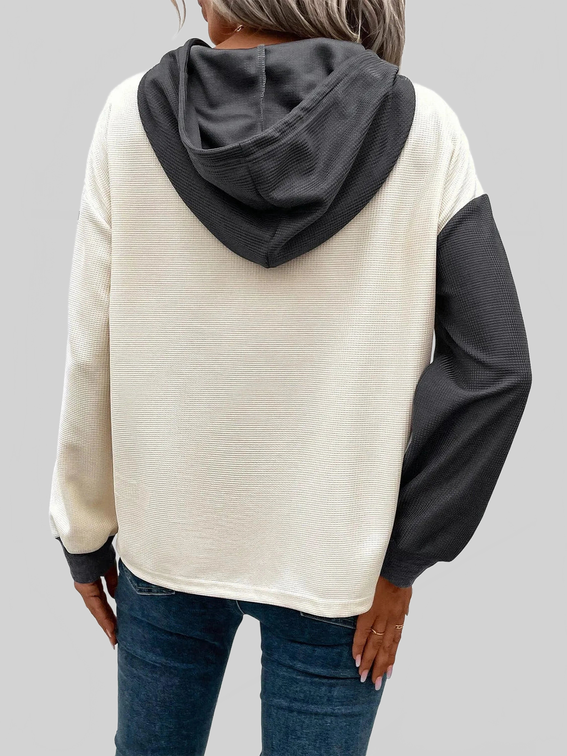 NicholesGifts Women Drawstring Quarter Button Contrast Long Sleeve Hoodie NicholesGifts