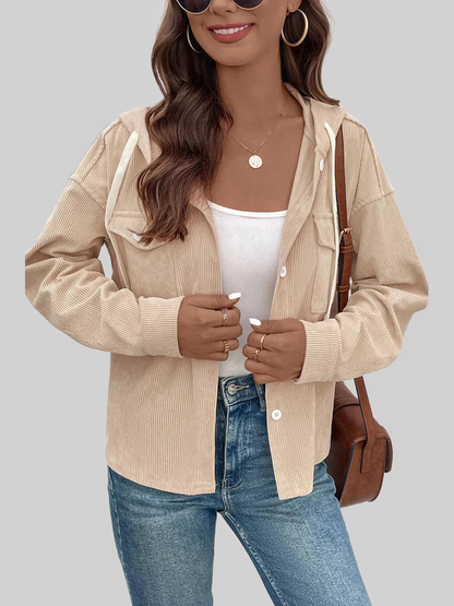 Perfee Ribbed Button Up Drawstring Hooded Jacket nicholesgifts