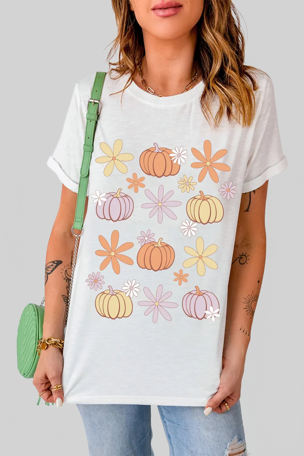 Pumpkin & Flower Round Neck Short Sleeve T-Shirt nicholesgifts