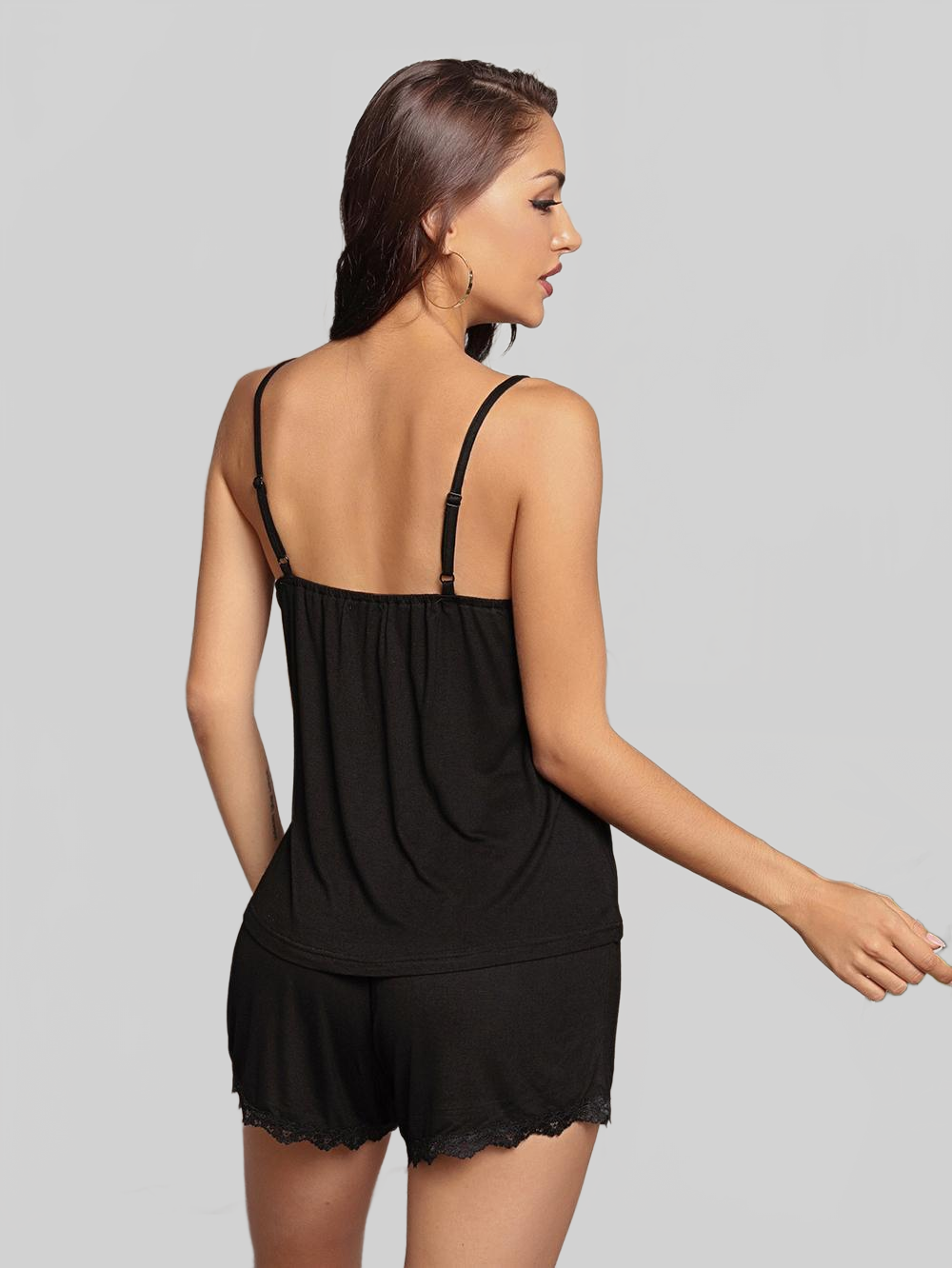 Spliced Mesh Lace Trim Cami and Shorts Pajama Set nicholesgifts