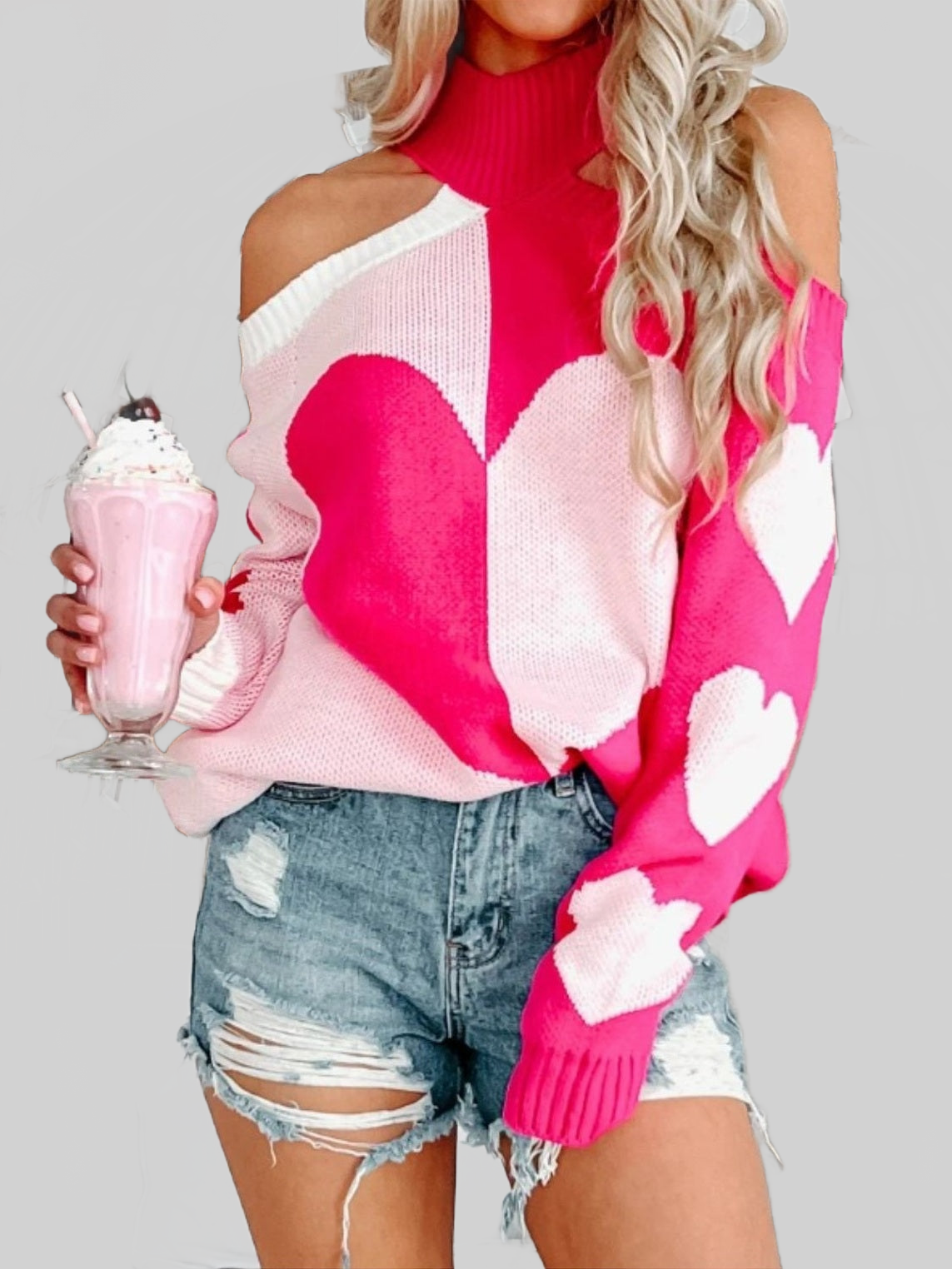 Women Valentine's Day Heart Turtleneck Cold Shoulder Sweater NicholesGifts