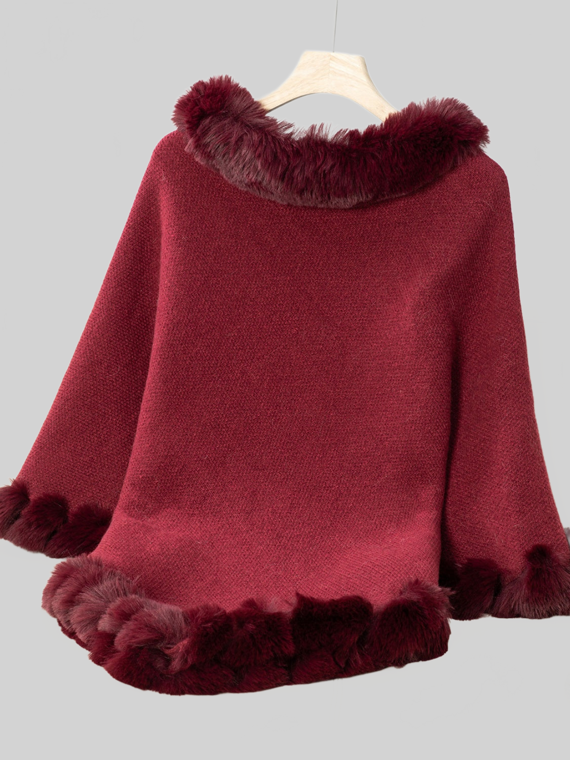 Women Fuzzy Trim Texture Three-Quarter Sleeve Poncho nicholesgifts