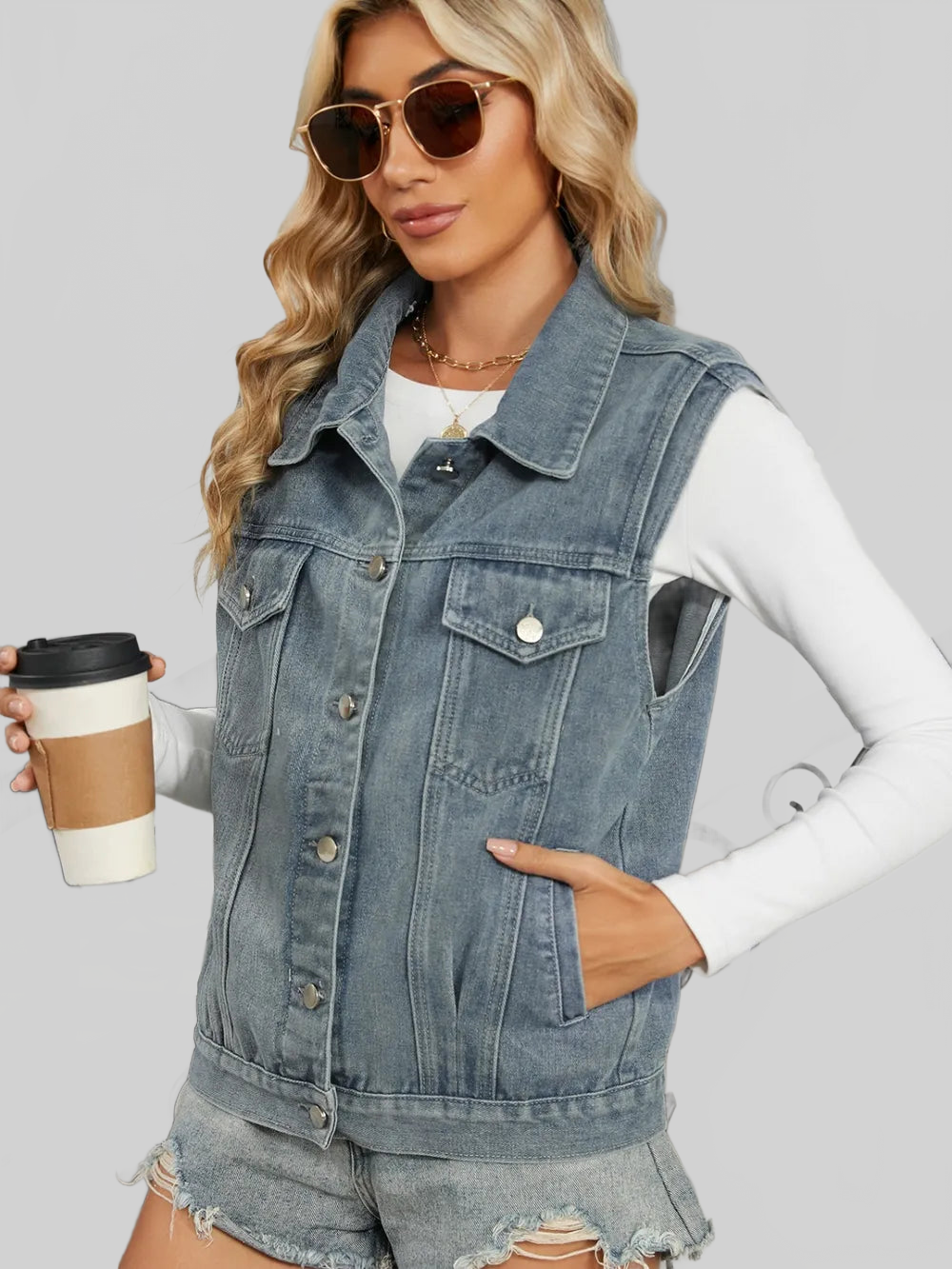 Pocketed Button Up Sleeveless Denim Jacket nicholesgifts