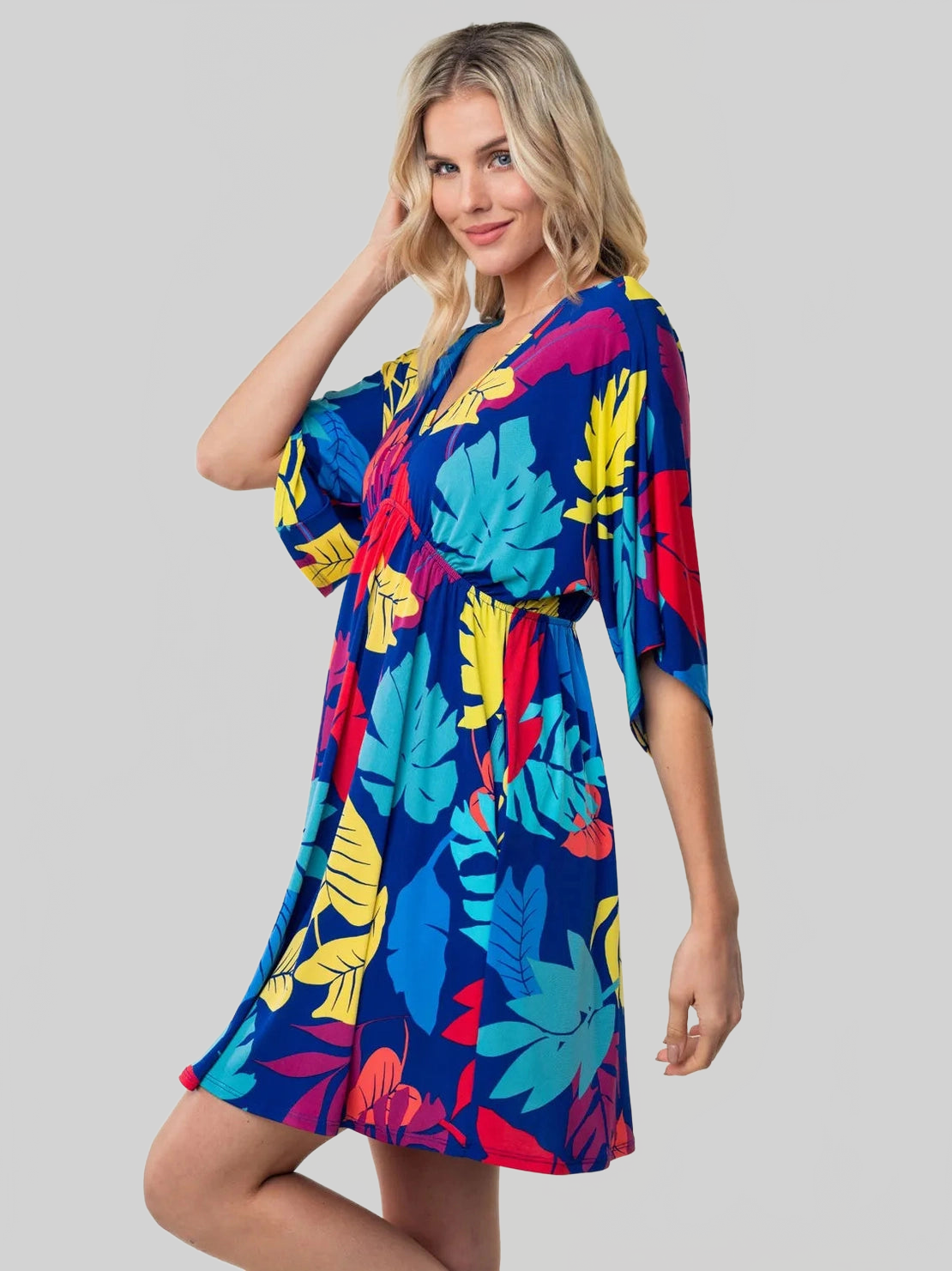 White Birch Full Size Printed V-Neck Mini Dress nicholesgifts