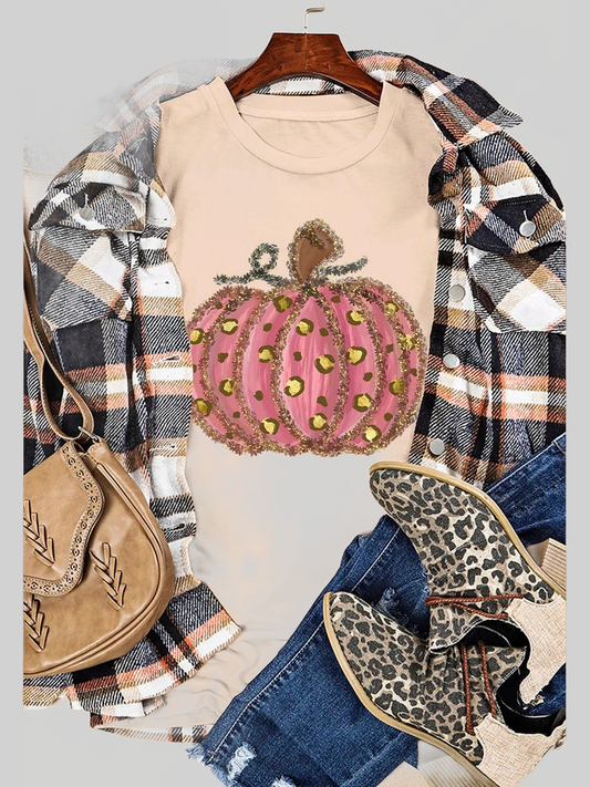 Pumpkin Round Neck Short Sleeve T-Shirt nicholesgifts
