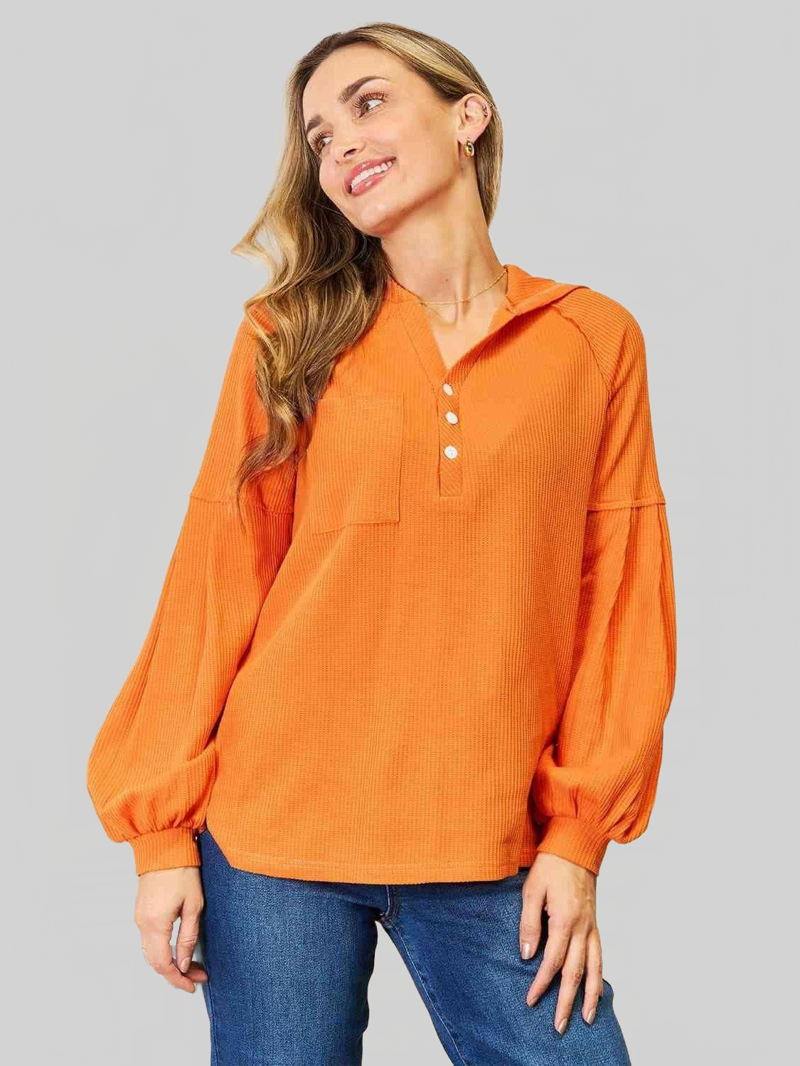 Women Basic Bae Side Slit Buttoned Waffle Knit Hoodie nicholesgifts