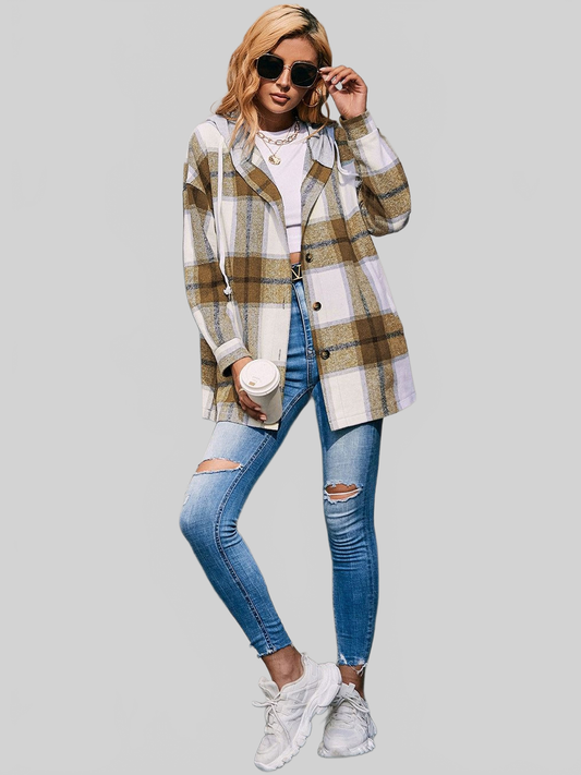 Women Ivy Lane Plaid Dropped Shoulder Hooded Jacket NicholesGifts