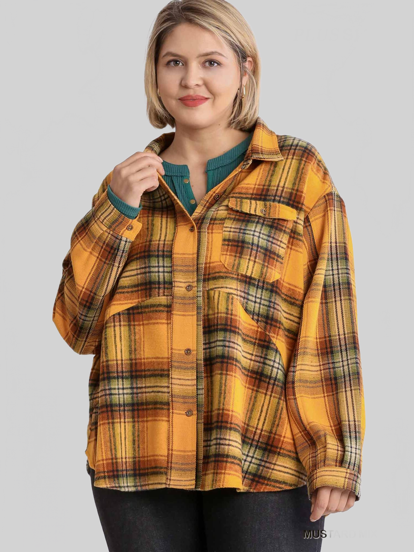 Women Plaid Collar Button Down Overshirt With Front Pockets NicholesGifts