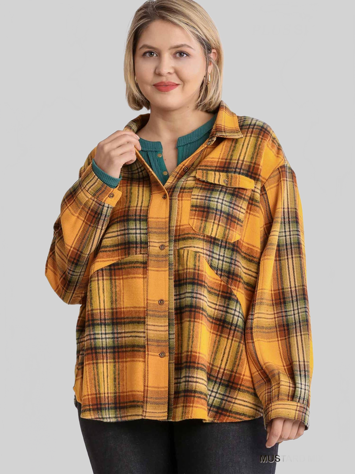 Women Plaid Collar Button Down Overshirt With Front Pockets NicholesGifts