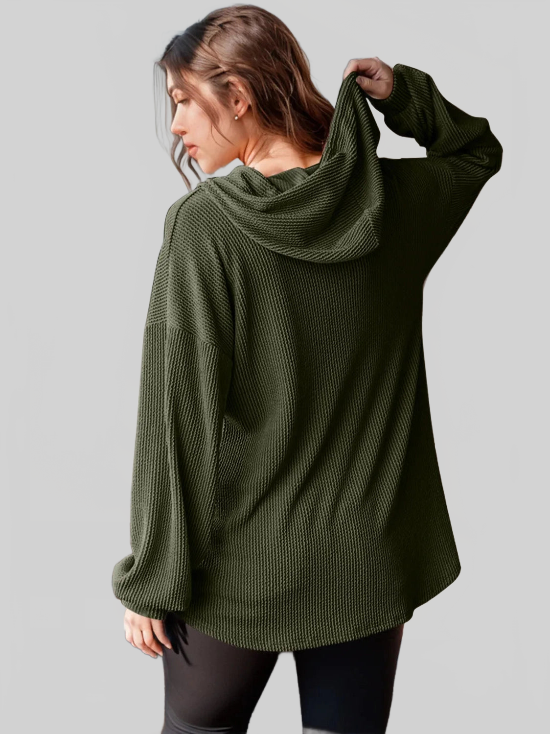 Double Take Full Size Half Button Long Sleeve Hoodie NicholesGifts