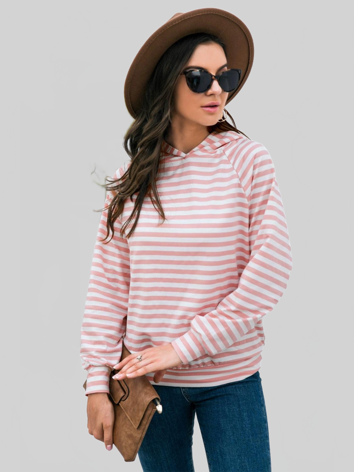 Women Horizontal Stripe Raglan Sleeve Hoodie nicholesgifts