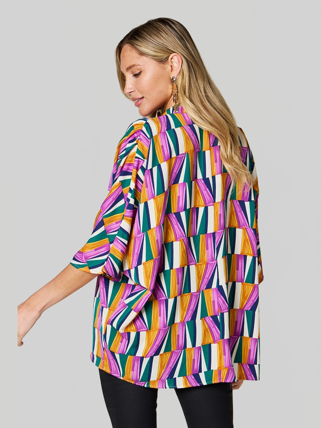 Women Double Take Full Size Geometric Notched Dolman Sleeve Top nicholesgifts