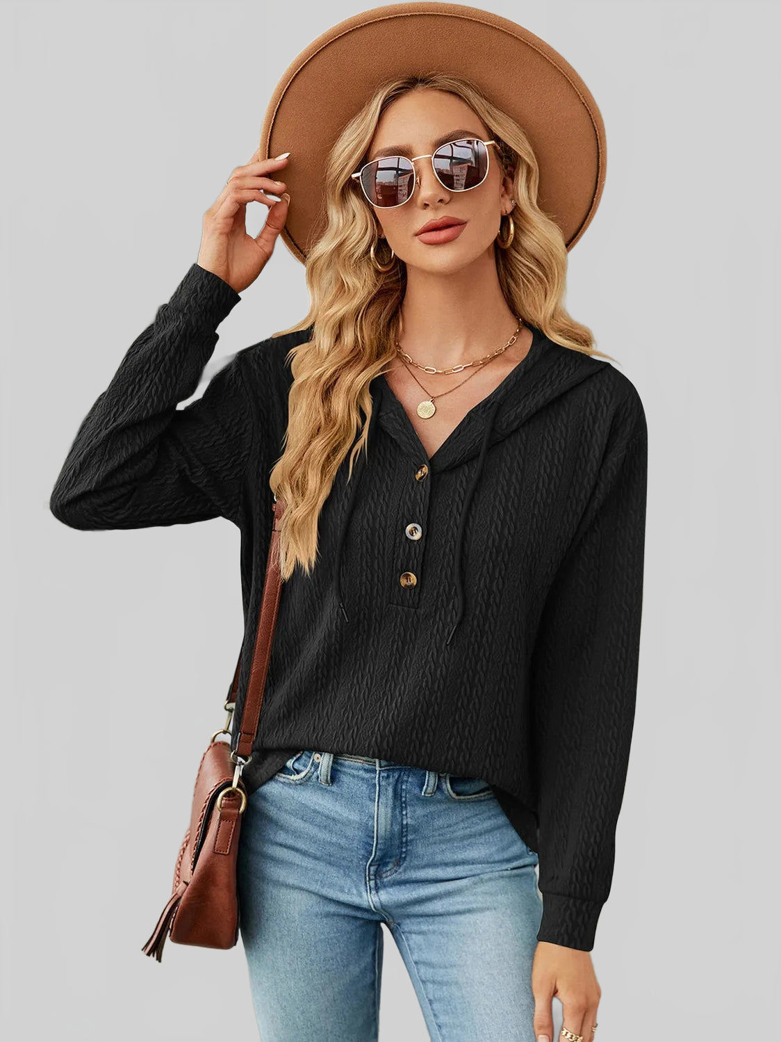 Drawstring Half Button Long Sleeve Hoodie nicholesgifts