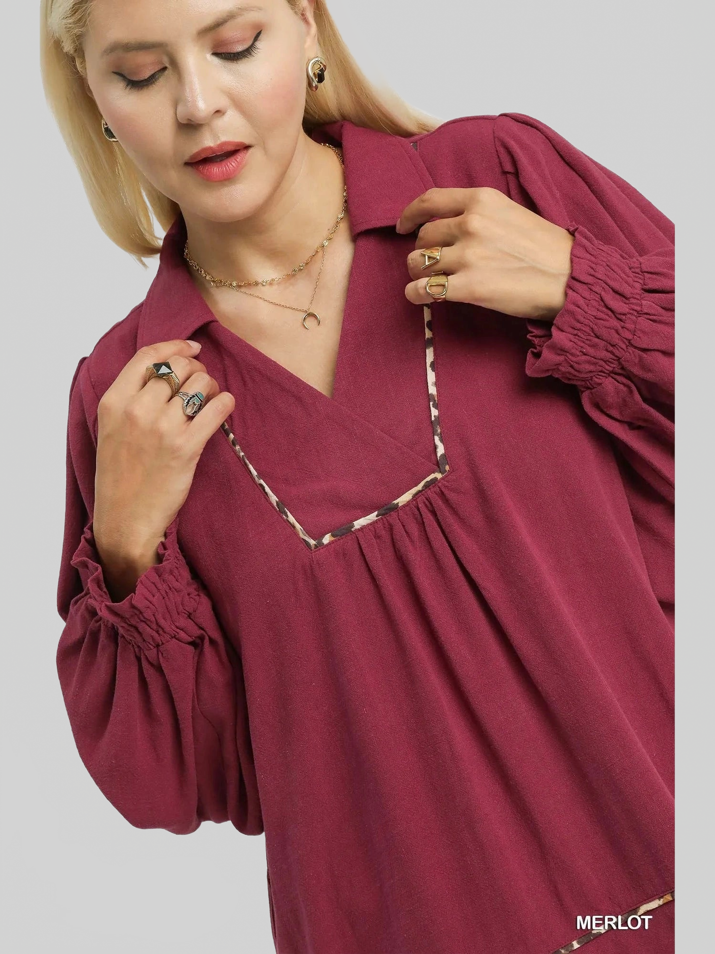Women Umgee Full Size Linen Scallop Hem Long Sleeve Blouse with Contrast Trim Plus Size NicholesGifts