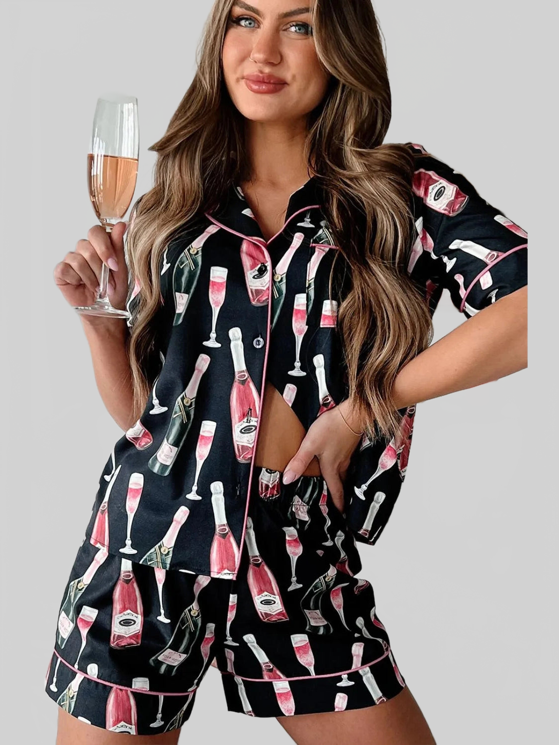 Champagne Print Short Sleeve Top and Shorts Set nicholesgifts