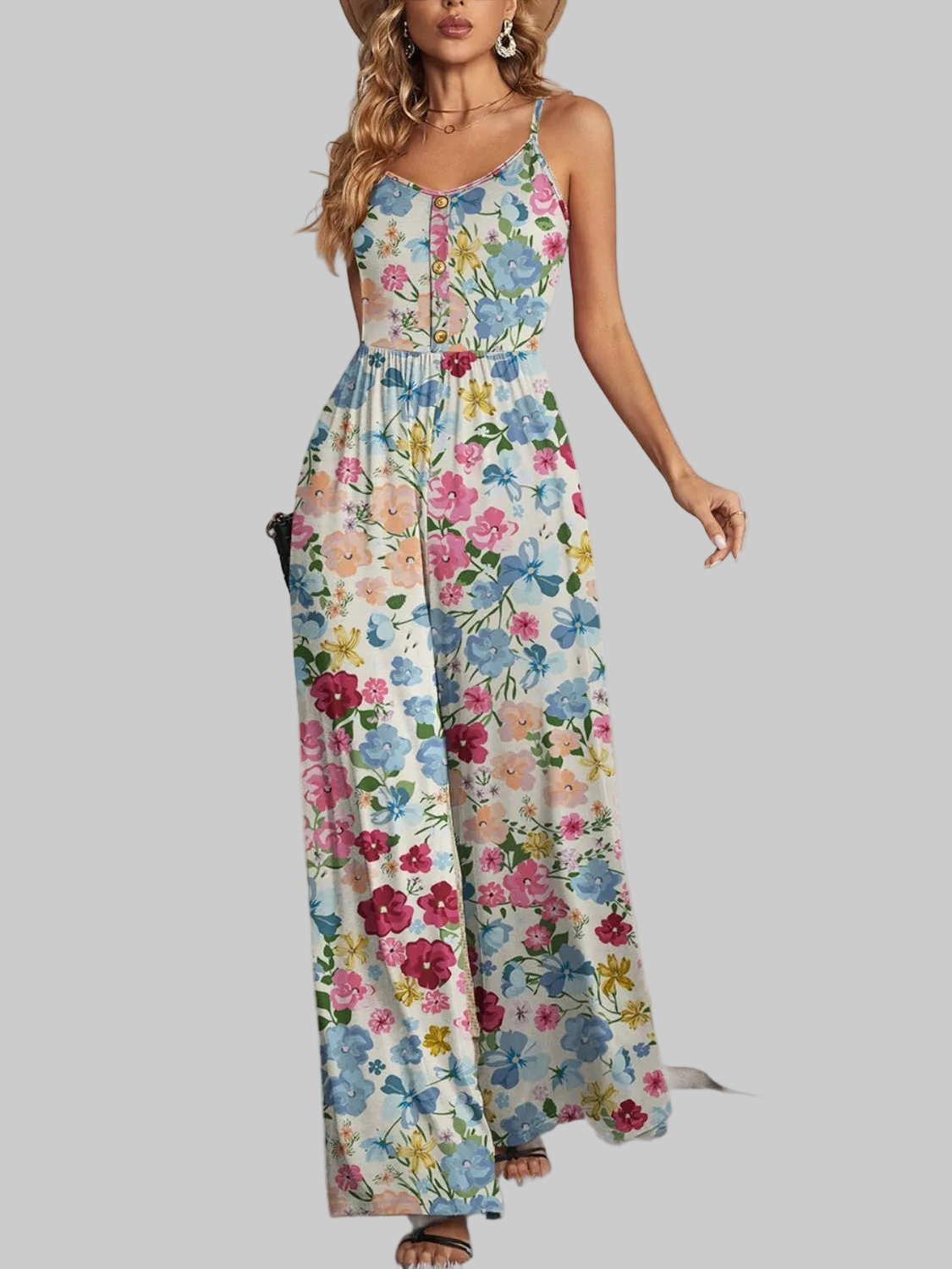 Decorative Button Spaghetti Strap Wide Leg Jumpsuit nicholesgifts