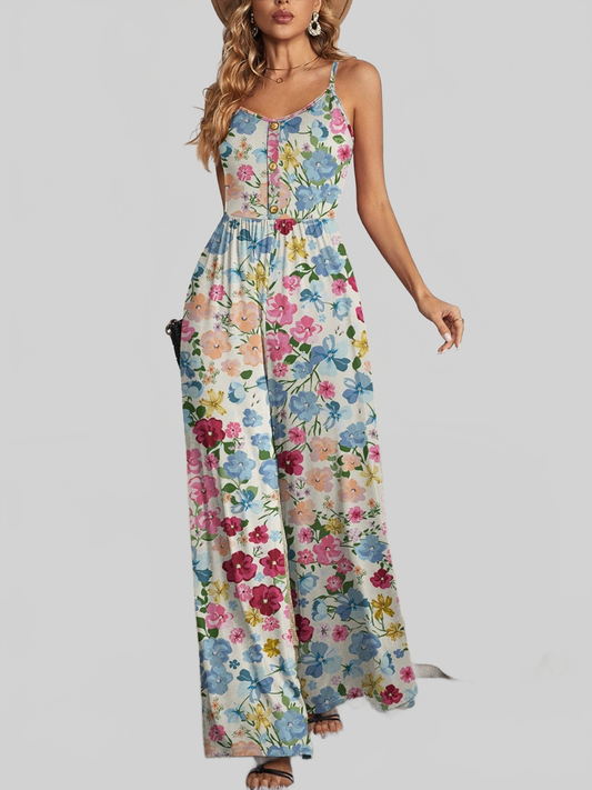 Decorative Button Spaghetti Strap Wide Leg Jumpsuit NicholesGifts