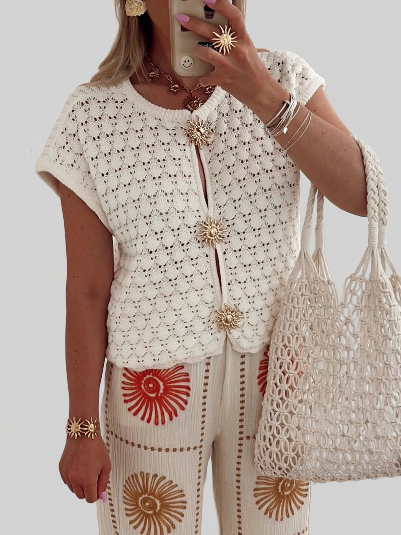 Crochet Short Sleeve Button Front Cardigan nicholesgifts