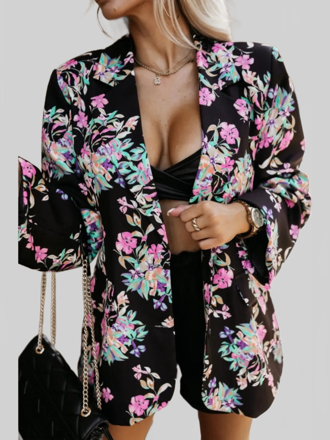 Tied Printed Collared Neck Long Sleeve Jacket nicholesgifts