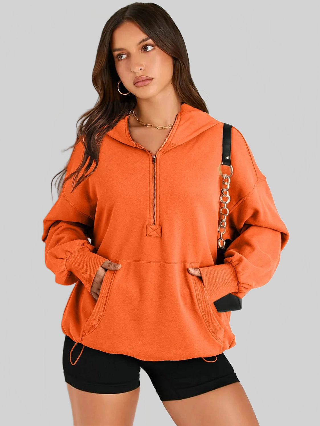 Pocketed Half Zip Long Sleeve Hoodie NicholesGifts