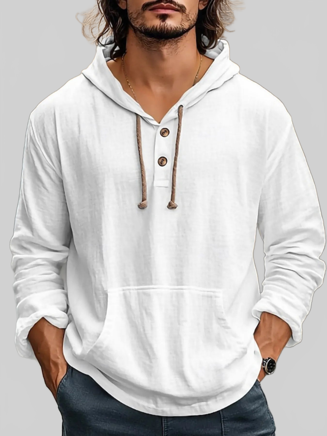 Men's Full Size Drawstring Long Sleeve Hoodie with Button Details Plus Size nicholesgifts