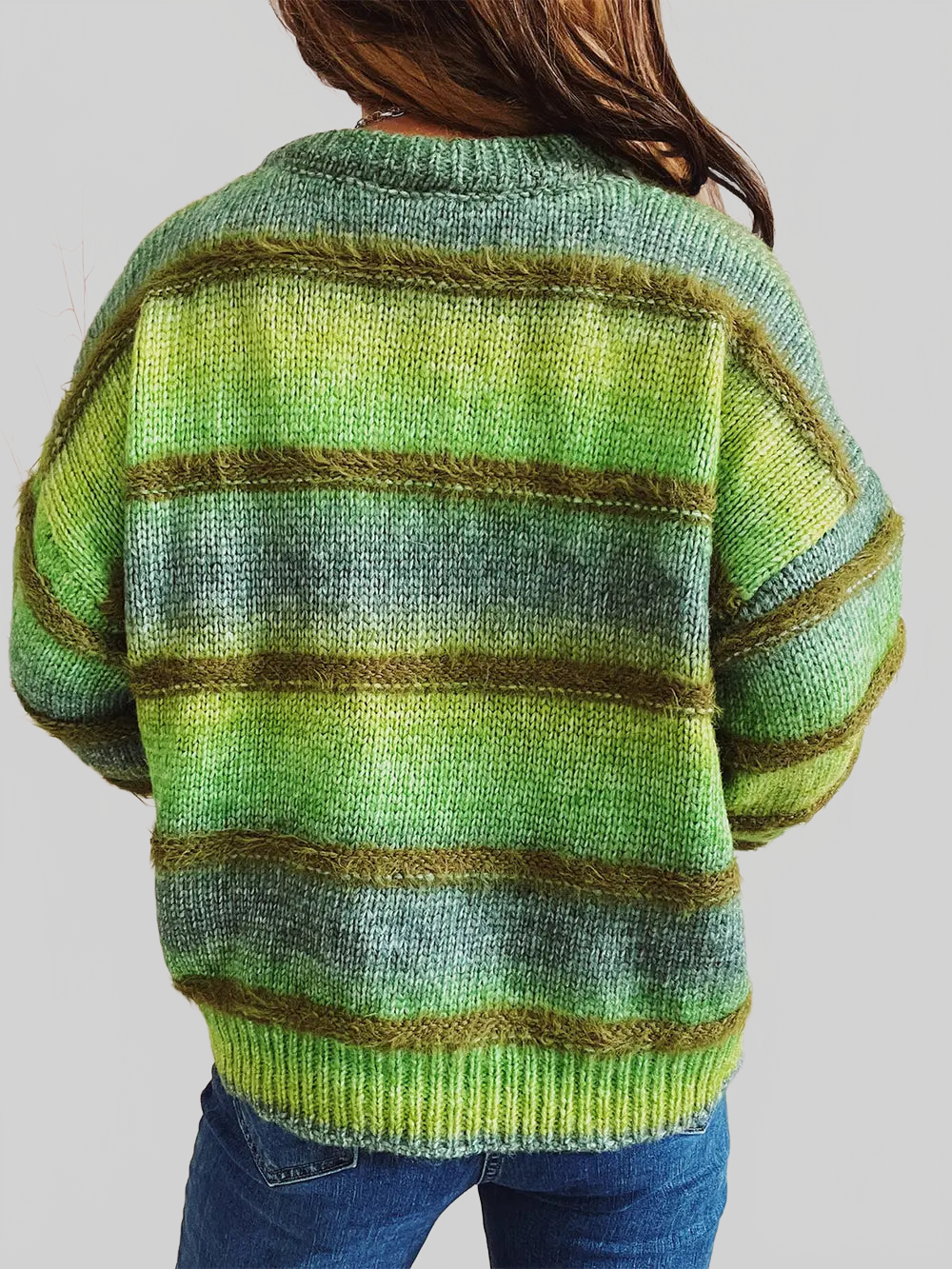 Women Striped Round Neck Long Sleeve Pullover Sweater nicholesgifts