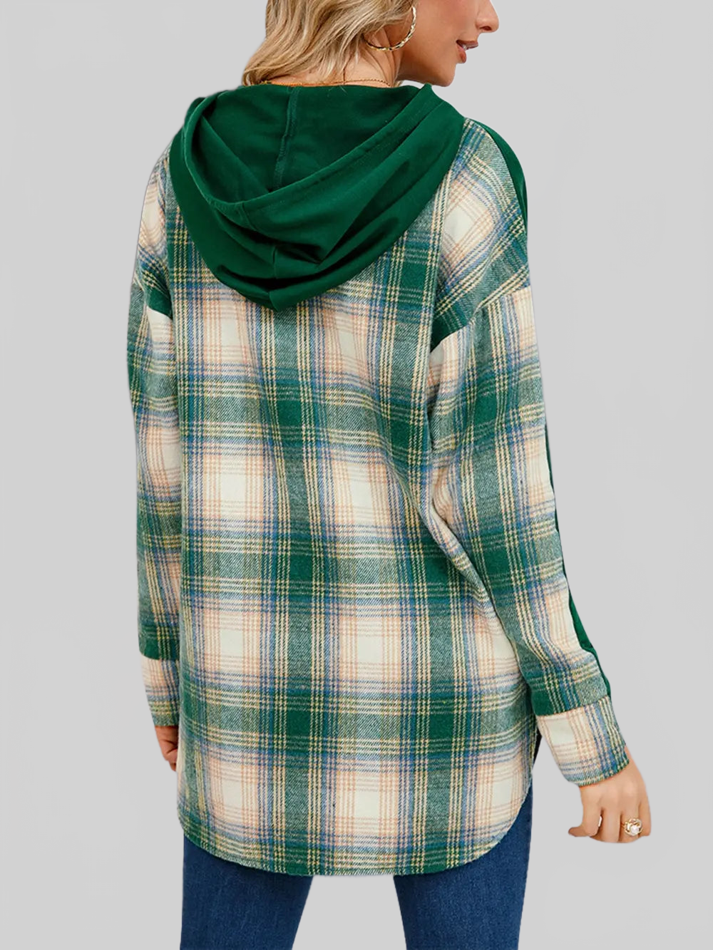 Plaid Drawstring Long Sleeve Slit Hoodie NicholesGifts