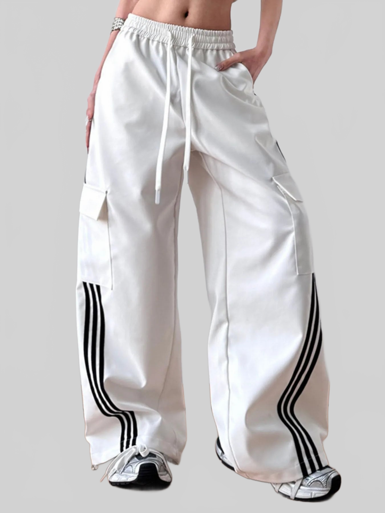 Women Striped Wide Leg Cargo Pants nicholesgifts