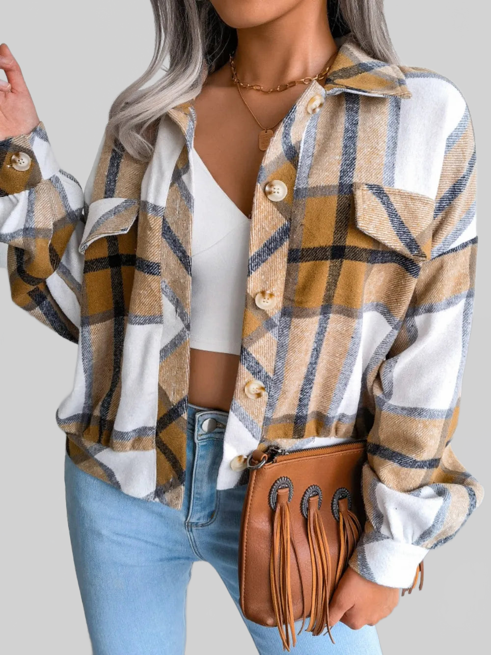 Plaid Collared Neck Long Sleeve Jacket nicholesgifts