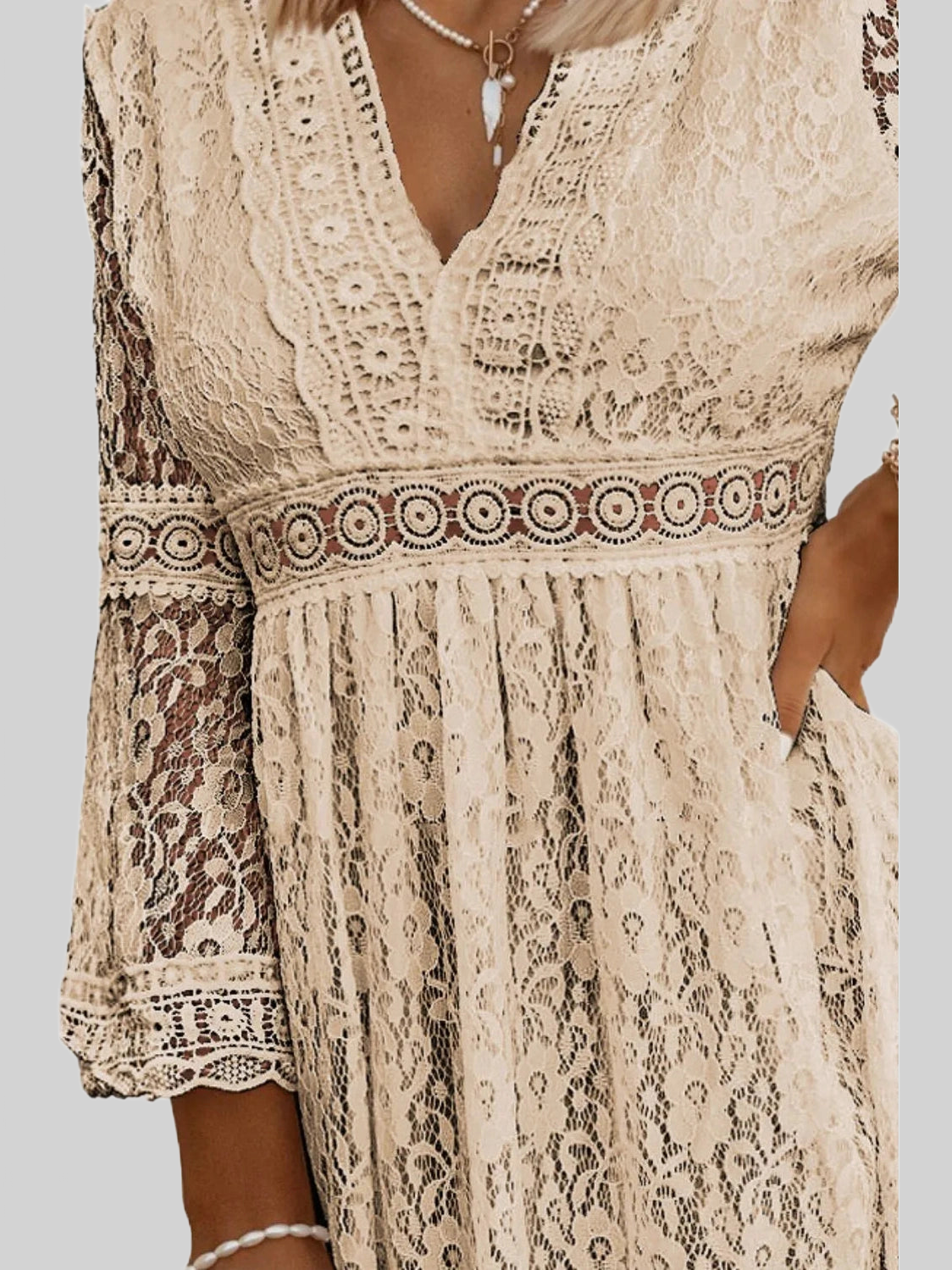 Lace V-Neck Three-Quarter Sleeve Dress nicholesgifts