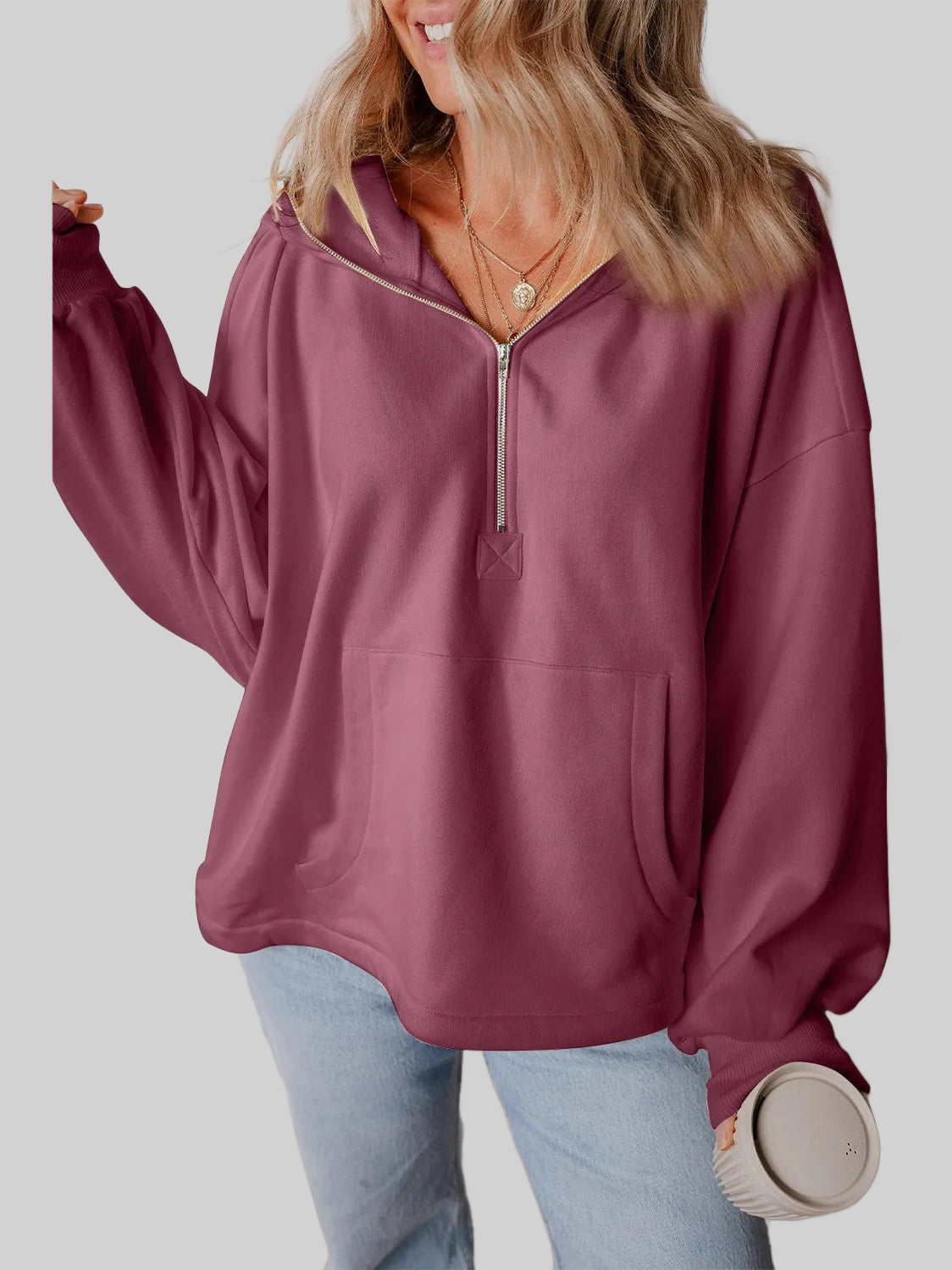Pocketed Half Zip Dropped Shoulder Hoodie NicholesGifts