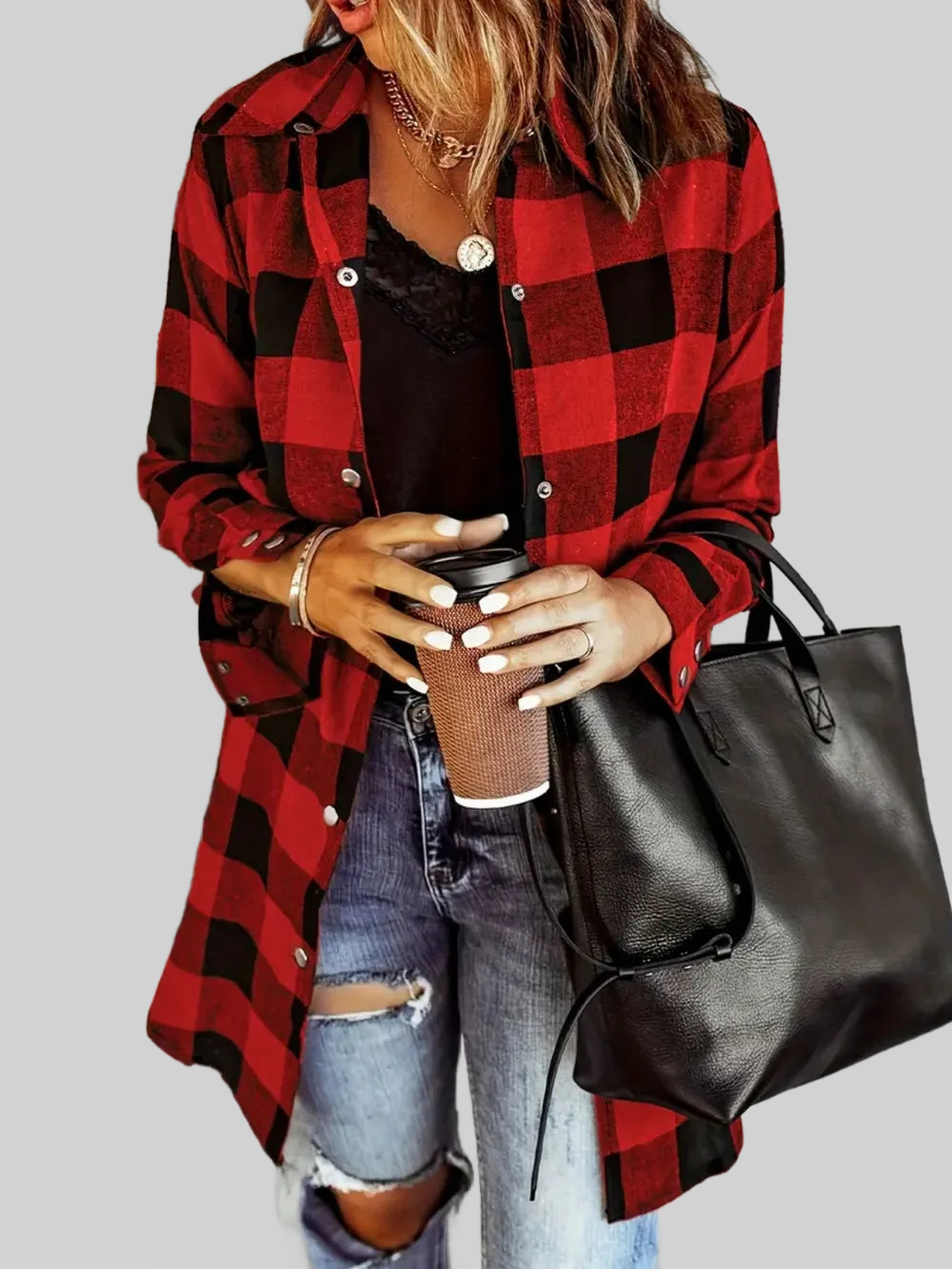 Plaid Collared Neck Snap Down Long Sleeve Jacket nicholesgifts