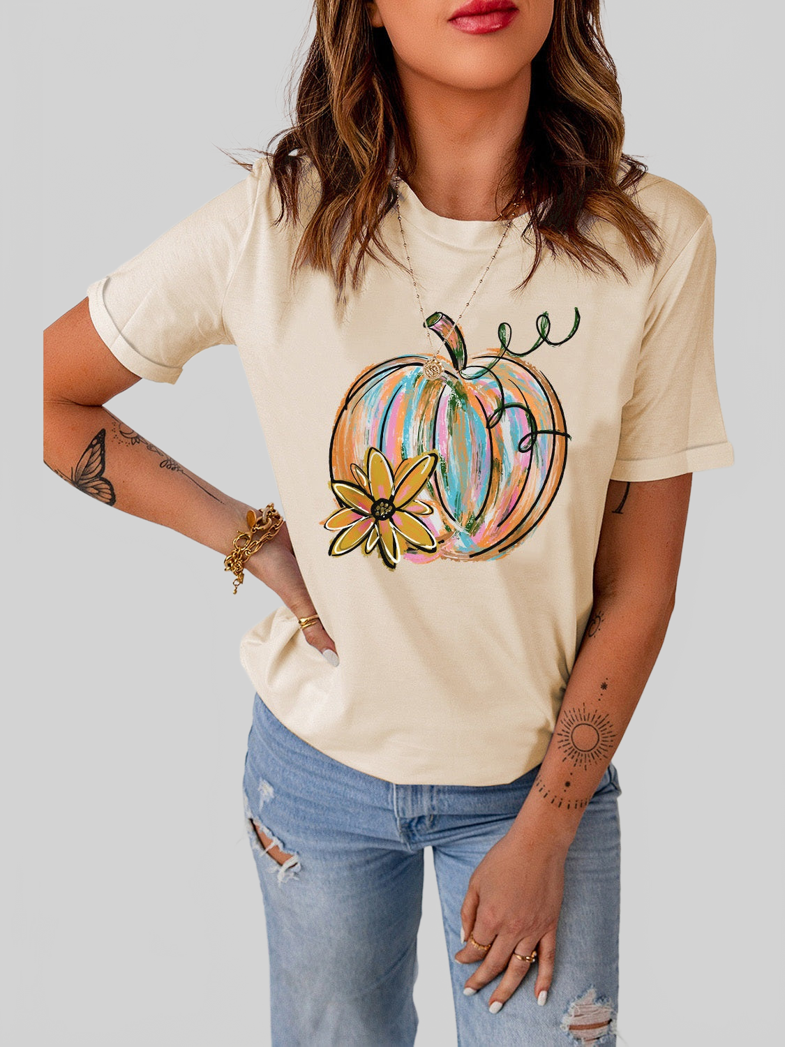 Pumpkin Graphic Round Neck T-Shirt nicholesgifts