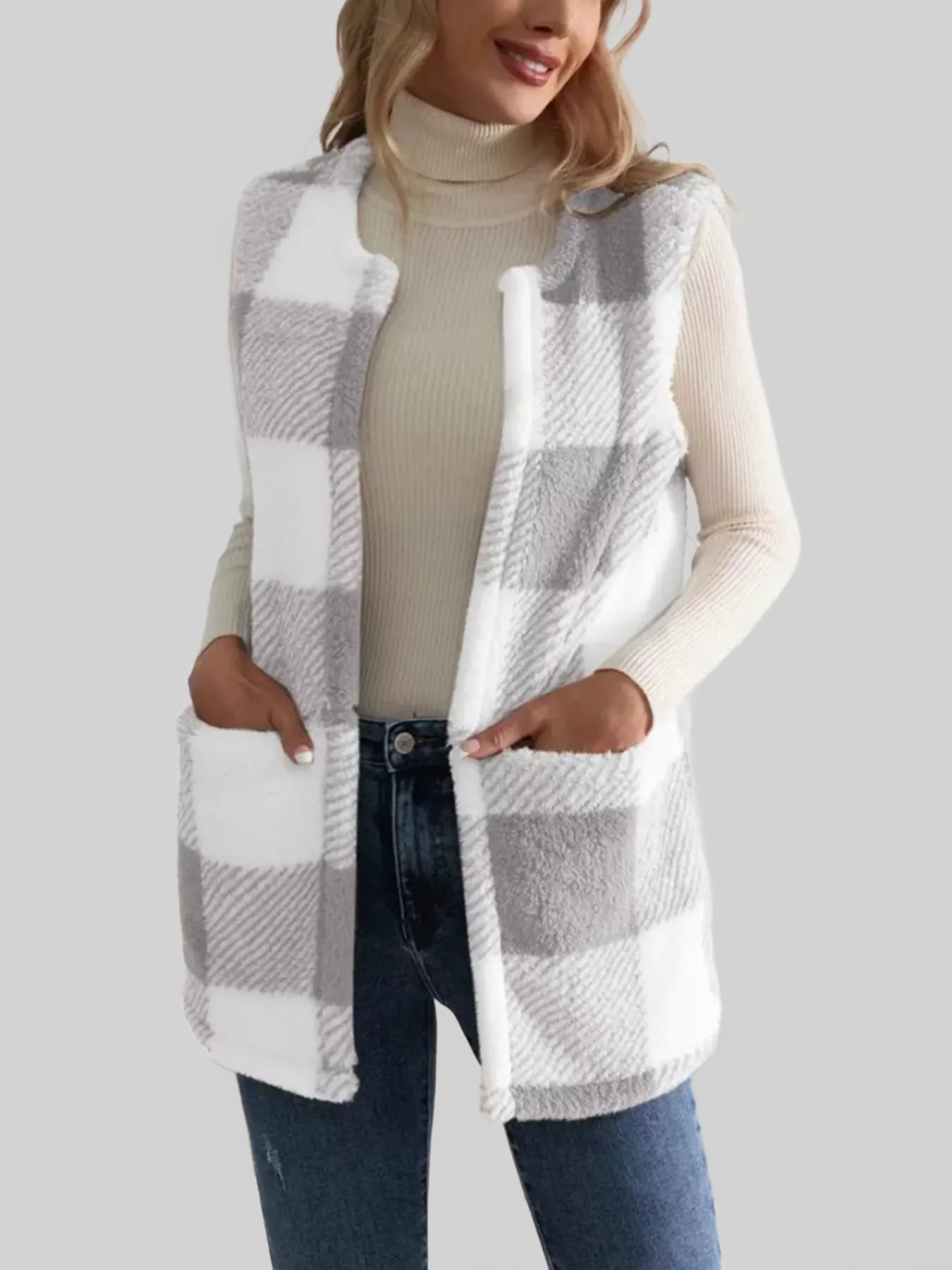 Women Cozy Plaid Sherpa Vest Coat nicholesgifts