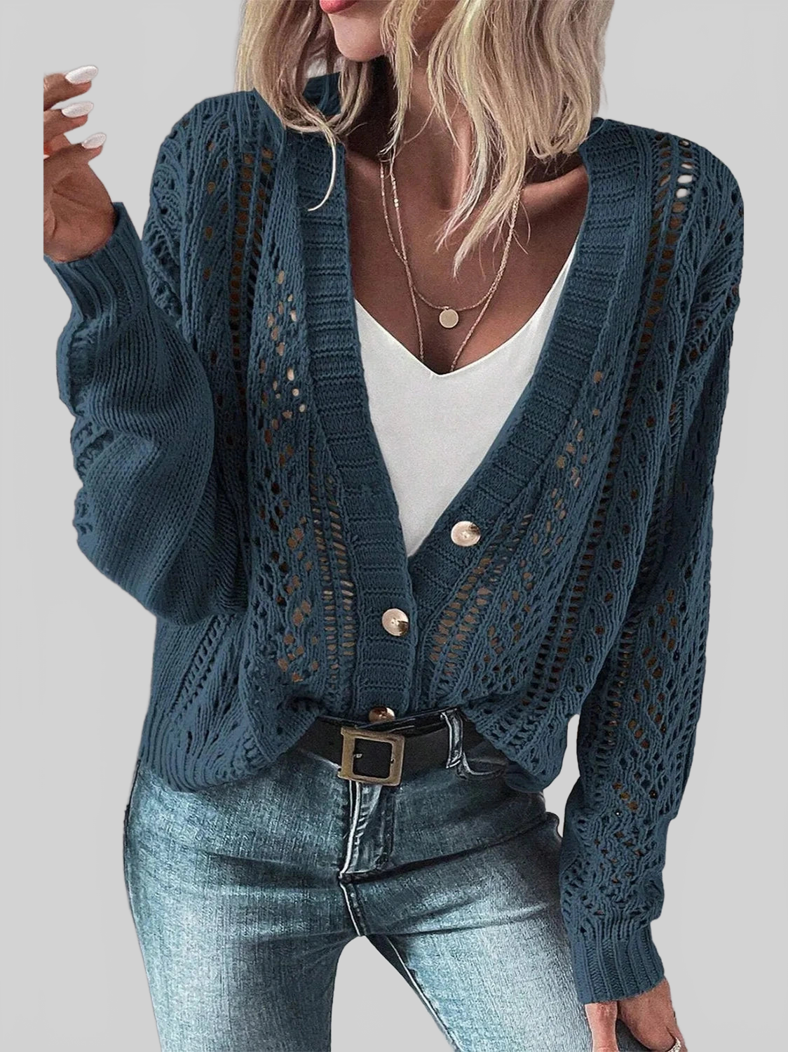 Openwork Button Up Long Sleeve Cardigan nicholesgifts