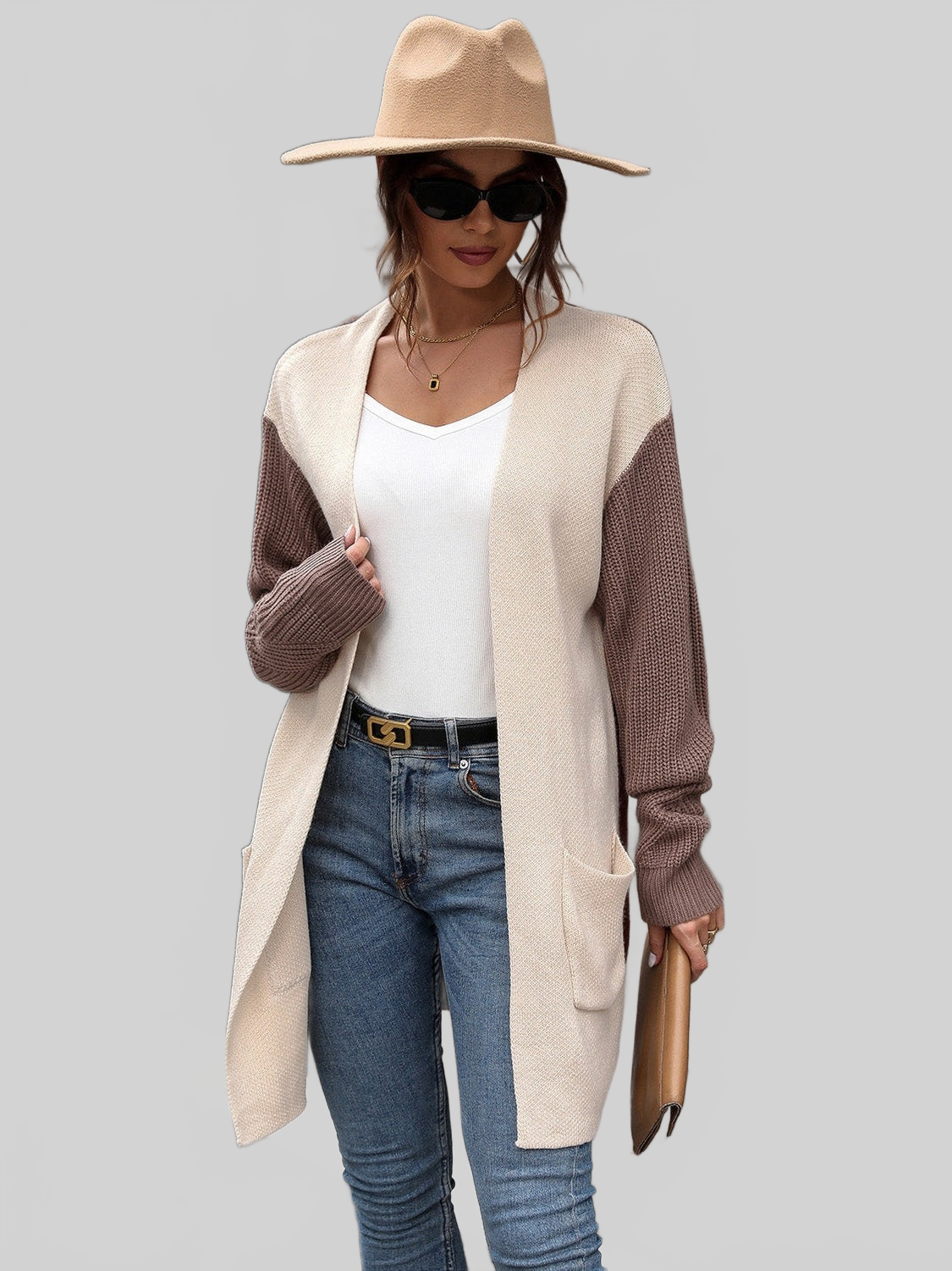 Women Contrast Open Front Long Sleeve Cardigan NicholesGifts