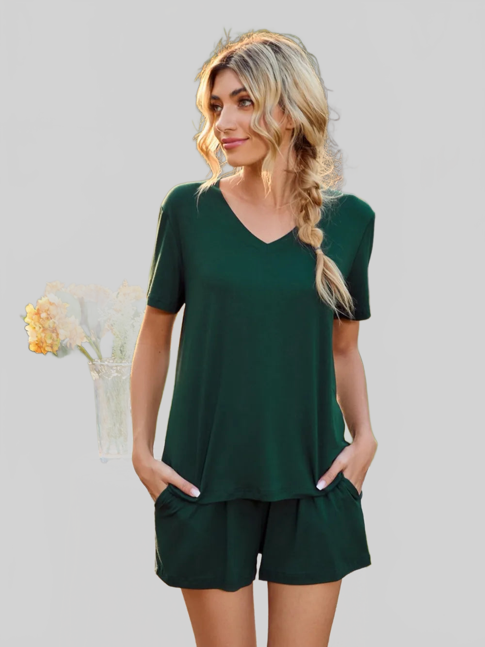 V-Neck Short Sleeve Top and Pocketed Shorts Lounge Set nicholesgifts