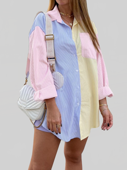 Women Pocketed Color Block Long Sleeve Shirt NicholesGifts