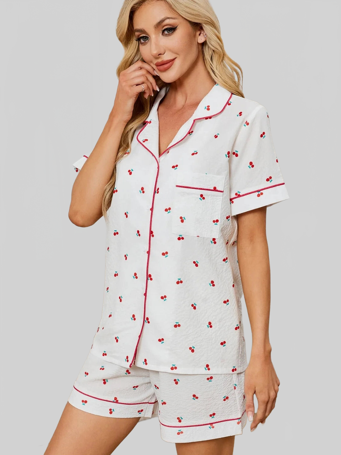 Cheery Print Collared Neck Top and Shorts Lounge Set nicholesgifts